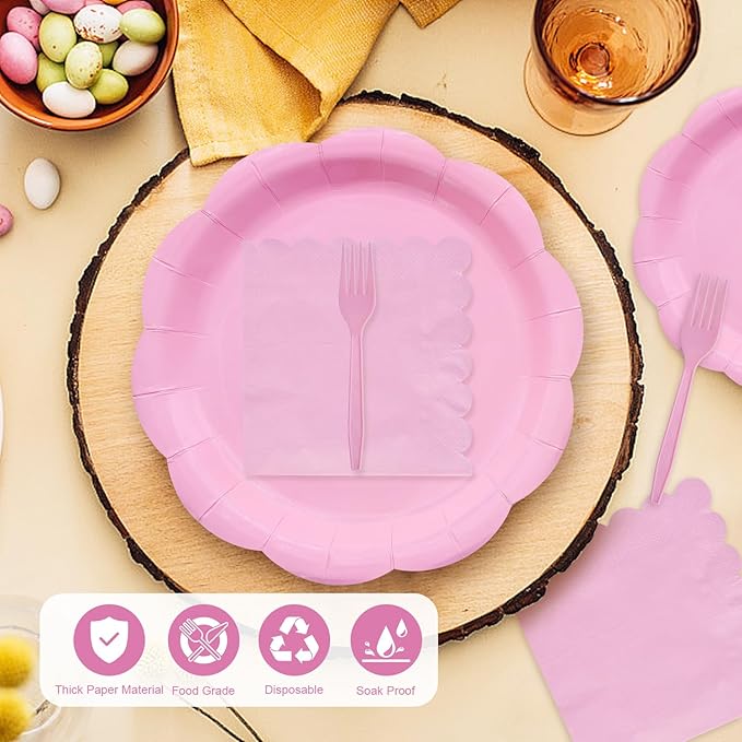 96 Pieces Pink Scalloped Tableware Set Party Supplies ??Solid Color Disposable Dinnerware with Paper Plates, Napkins, and Forks for Girls Birthday, Baby Showers, Tea Parties ??Serves 24