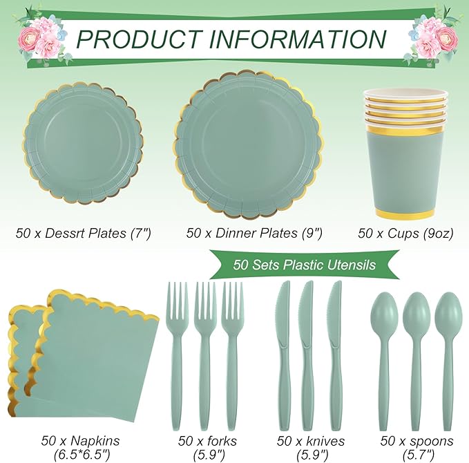 Ziliny Sage Green Plates and Napkins Party Supplies for Guests Woodland Baby Shower Tableware Include Scalloped Plates Paper Napkin Cup Spoon Fork Knife for Wedding, Birthday
