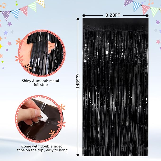 GCB 2Pack Black Metallic Tinsel Foil Fringe Curtains, Black Foil Curtain Backdrop, Photo Booth Props for Birthday Wedding Baby Shower Bachelorette Xmas Celebration Party Decorations Door Streamers