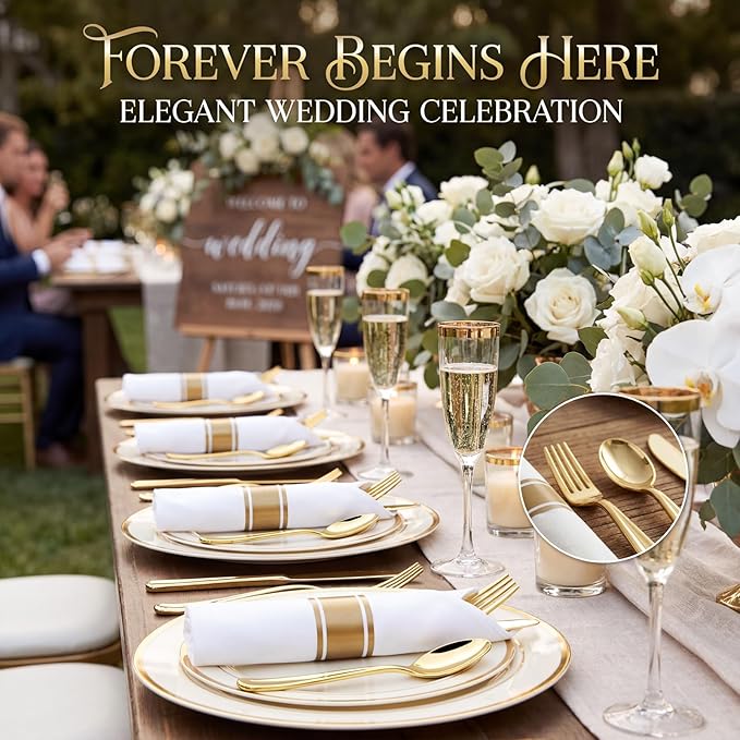 Liacere 100Pack Pre Rolled Gold Silverware and Napkin-Disposable Gold Plastic Utensils-Wrapped Plastic Cutlery Set with Napkin:100 Forks,100 Knives,100 Spoons,100 Napkins for Wedding & Graduation