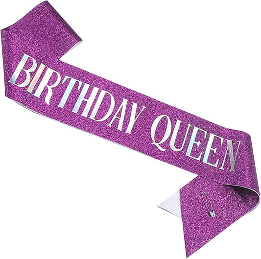 Birthday Queen Sash, Dazzle Foil Letter Glitter Purple Birthday Sash for Women Girl 21st 30th 40th 50th 60th Gifts Funny Bday Gifts Party Favors Photo Prop