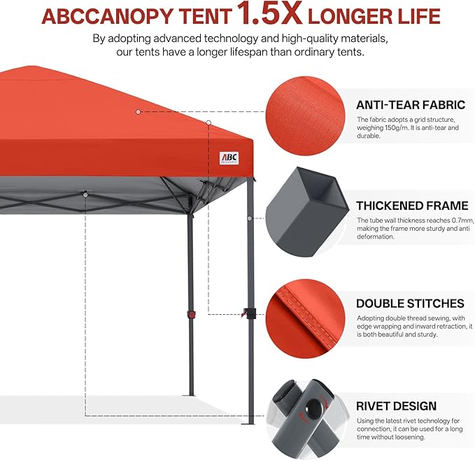 ABCCANOPY 8x8 Pop Up Canopy Tent, Easy Setup Instant Shelter with Wheeled Bag, Heavy Duty Outdoor Canopy for Beach, Market, Backyard, UV Protection, Outdoor Weather Protection (Reddish Orange, 8x8)