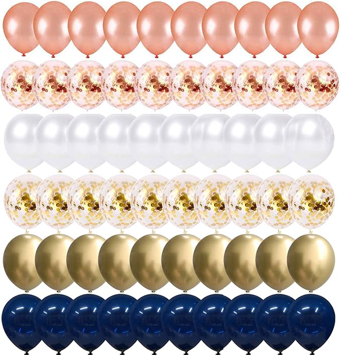 68 Pack Navy Blue Rose Gold Confetti Latex Balloons, 12 inch Birthday Balloons with 65 Feet balloon Ribbon for Birthday Party Wedding Graduation Bridal Shower Decorations