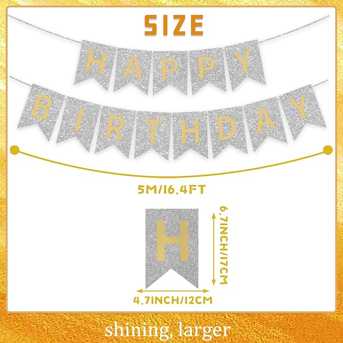 Silver Happy Birthday Banner - 16 ft Pre-Strung Gold & Silver Birthday Party Decorations Sign for Girls, Boys, Kids, Women - No DIY Hanging Backdrop for Indoor & Outdoor Celebrations