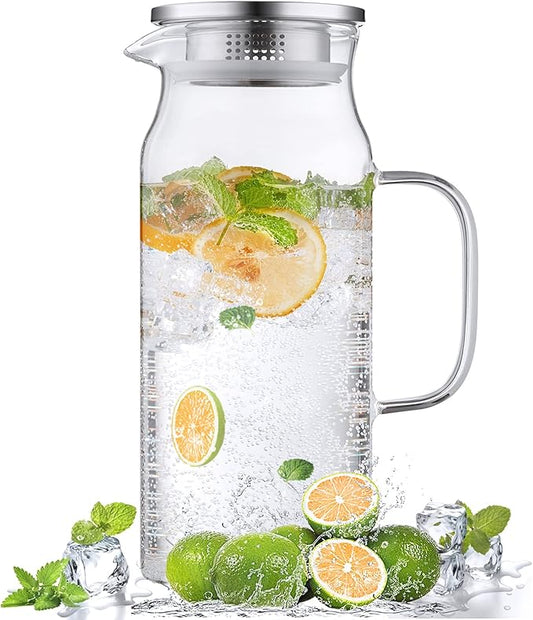 Bivvclaz 2 Liter 68 oz Glass Pitcher with Lid and Handle, Glass Carafe for Hot/Cold Water, Large Iced Tea Pitcher for Coffee, Juice and Homemade Beverage