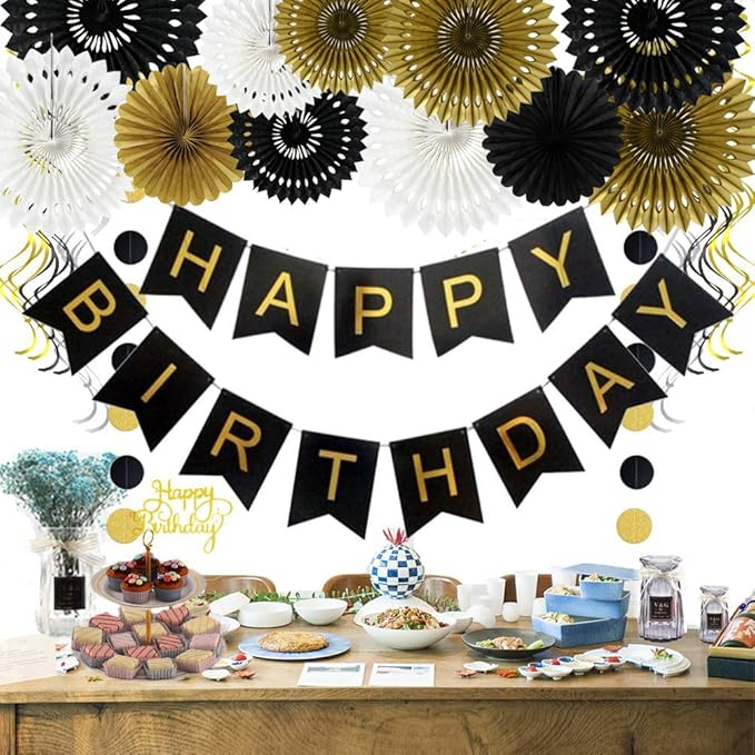 BEISHIDA Black Gold White Hanging Honeycomb Round Paper Fan Decoration Set for Christmas Halloween New Years Baby Shower Birthday Wedding Bachelorette Photo Backdrop Anniversary Party Supplies（11pack）
