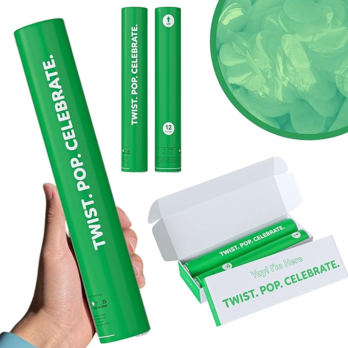 2 Pack Confetti Cannon Confetti Poppers | Biodegradable Green Confetti | TUR Party Supplies | Launches Up to 25ft | Giant (12 in) | Party Poppers for Graduation, Birthdays, Weddings, and Memorial Day