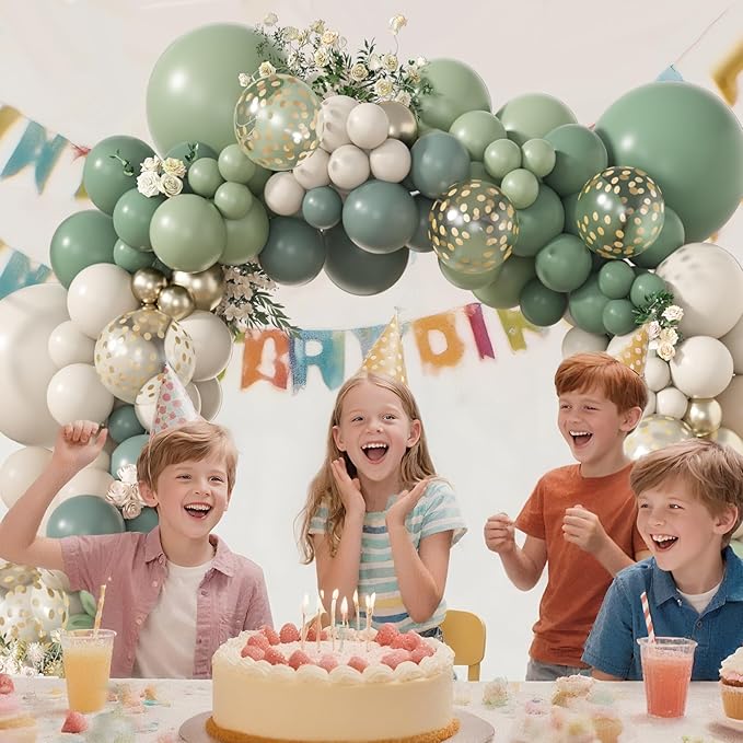 Amandir 173Pcs Dusty Green White Sand Balloon Arch Garland Kit, Beige Cream Mist Olive Light Sage Green Gold Confetti Balloons for Birthday Baby Shower Woodland Wild One Wedding Party Decorations