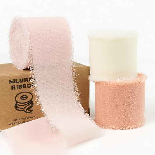 Peach Pink Chiffon Ribbon 1.5 Inch x 21Yds Handmade Fringe Chiffon Silk Ribbon Peach/Pink/Ivory Frayed Chiffon Ribbon for Wedding Invitation Flower Bouquets Gift Wrapping Bridal Shower Baby Shower