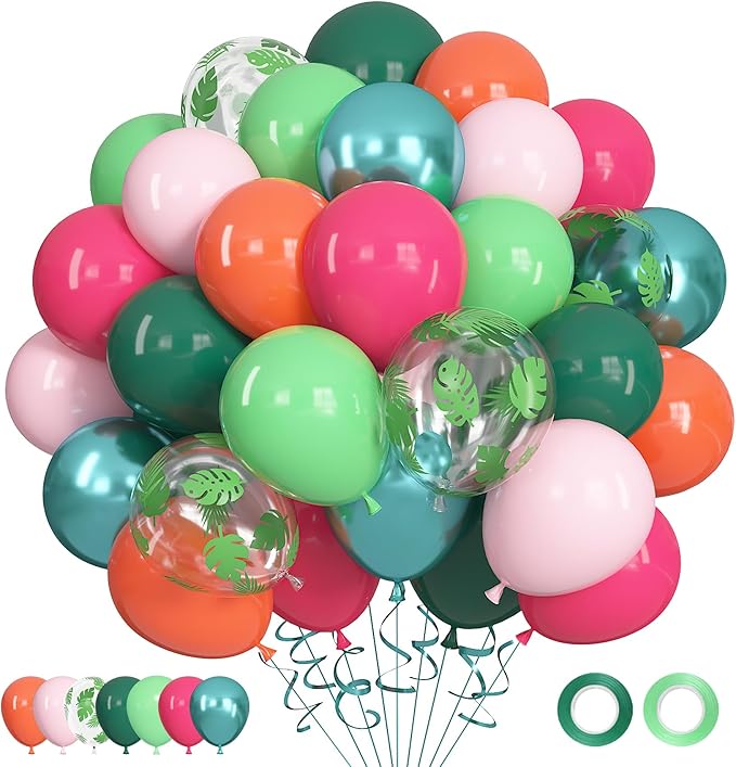 Ouddy Life 71pcs Tropical Hawaiian Balloons Set, 12 inch Luau Party Decorations Hot Pink Dark Green Palm Leaves Balloons for Tropical moana Aloha Summer Beach Birthday Baby Shower Party Decorations