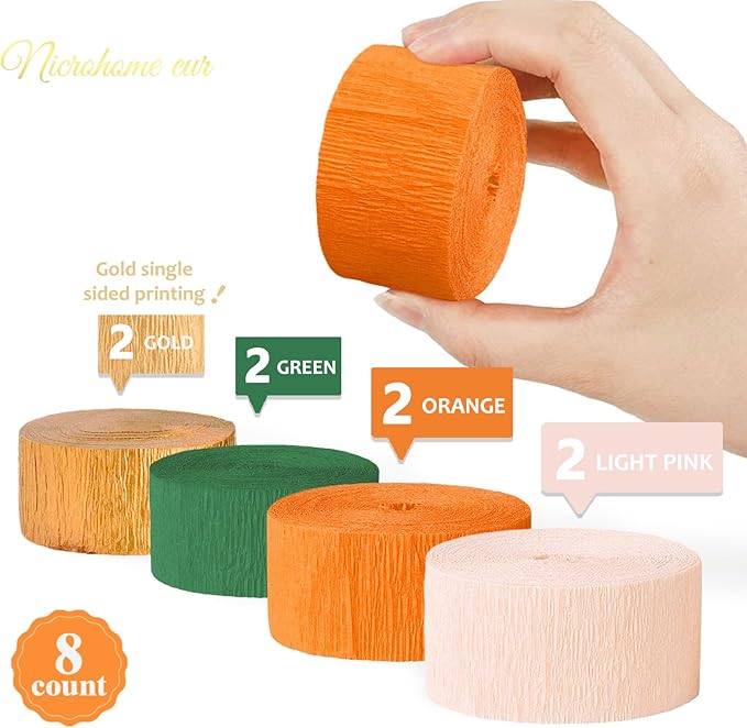 NICROHOME EUR Little Cutie Baby Shower Decorations, 8 Rolls Citrus Orange Green Pink Gold Crepe Paper Streamers, 82 ft Long