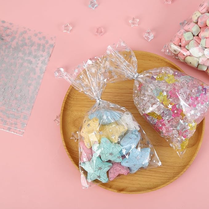 100Pcs 6×10 Inch Silver Star Clear Cellophane Treat Bags, Plastic Candy Bags with 100 Silver Twist Ties, for Cookies, Bakery, Party Favors, Gift Wrapping, Wedding & Holiday Use