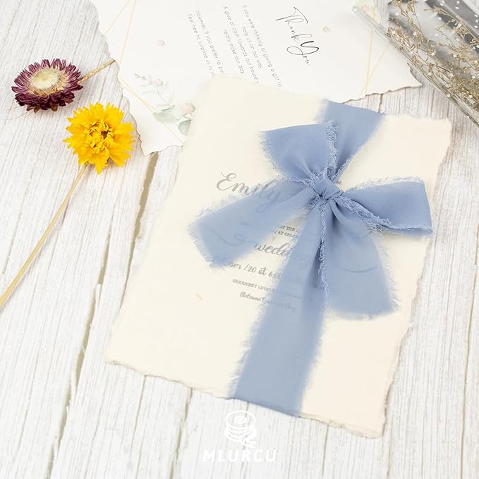 Periwinkle Blue Chiffon Ribbon 1-1/2 Inch x 21Yards Dusty Blue Chiffon Silk Ribbon Handmade Fringe Boho Frayed Ribbon for Gift Wrapping, Wedding Invitation, Bridal Flower Bouquets