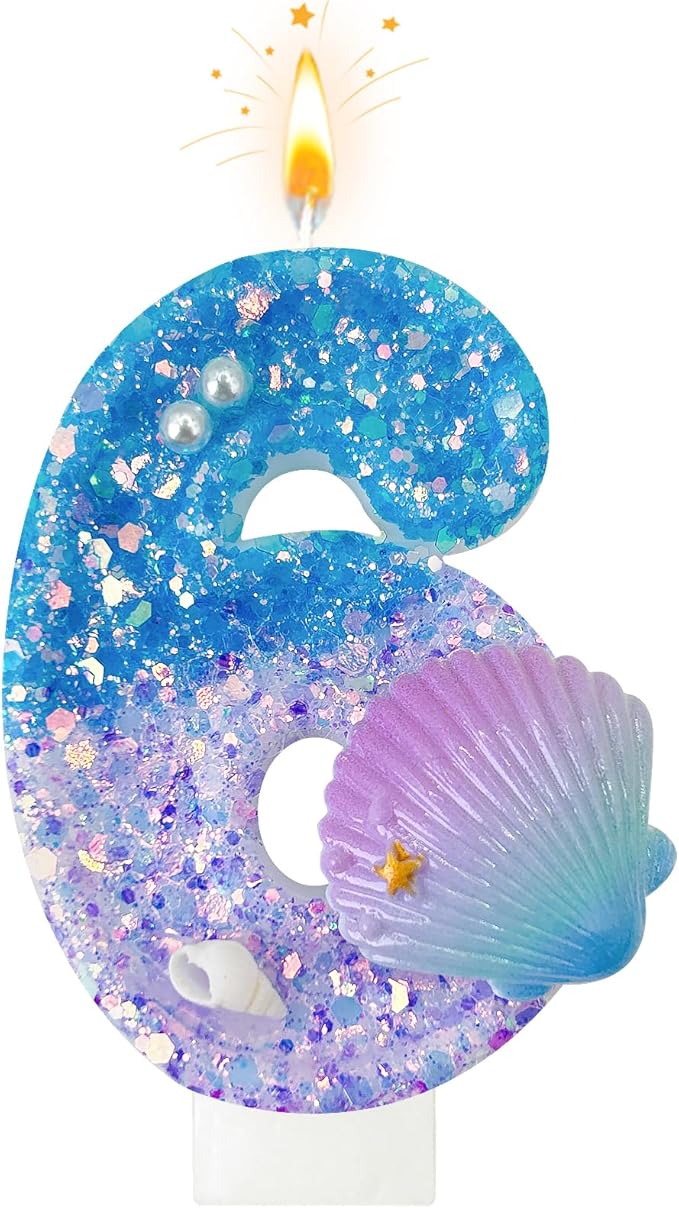 Blue and Purple Birthday Candles, 6th Birthday Cake Decoration, Cupcake Candles，Suitable for Mermaid Theme Party Cake Decoration (6)