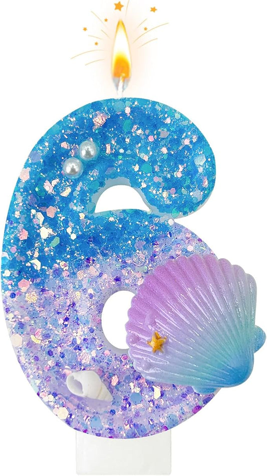 Blue and Purple Birthday Candles, 6th Birthday Cake Decoration, Cupcake Candles，Suitable for Mermaid Theme Party Cake Decoration (6)
