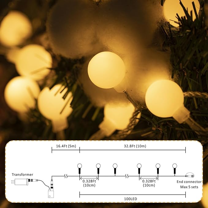 Ogrmar 49 ft 100 LED Globe Ball String Lights 8 Modes Fairy String Lights with Remote, Timer Function & Connectable for Indoor Outdoor Wedding Birthday Christmas Tree Garden Decor (100, Warm White)