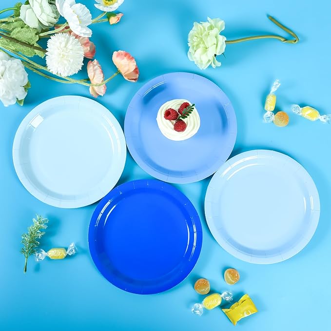 AimFun Blue Gradient Blue Party Plates 7'Disposable Round Dessert Plates for Birthday Wedding Bridal Engagement Baby Shower Party Supplies 48