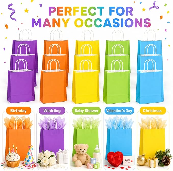 MAQIHAN Gift Bags With Handles - 15 Pcs Gift Bag Bulk Paper Bag Goody Bags Kraft Paper Bags Party Favor Bags Small Bag for Gifts Craft Goodie Birthday Valentine Christmas