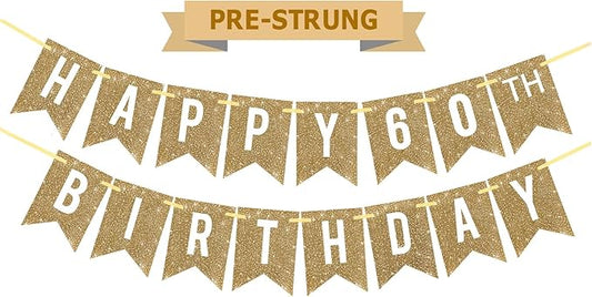Netnology Pre-Strung Gold Happy 60th Birthday Banner Decorations,12 ft No DIY Gold Glitter 60th Birthday Party Banner Sign Decor for Women Men Girl Boy Party Supplies