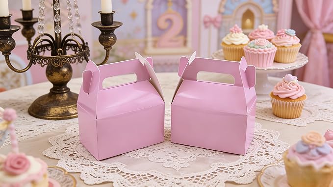 XAGLVV 24 Pack Pink Paper Gable Boxes,6.2 Inch Candy Boxes with Handle, Snack Party Favor& Gift Cookie bags for kids Birthday,Wedding, Baby Shower, Graduation.