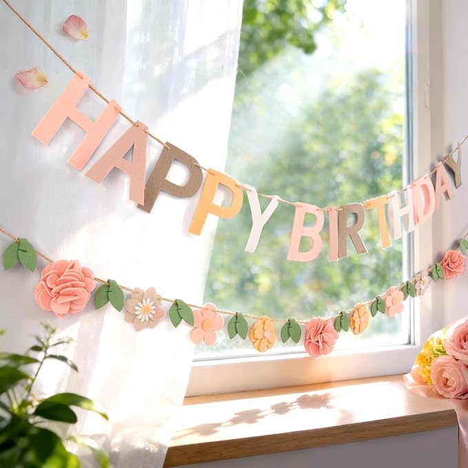 Felt Happy Birthday Banner, with Handmade Felt Flower Garland, Flower Party Decorations, Pre-Strung Birthday Decorations for Girls Women Mom, Floral Birthday Party Decor