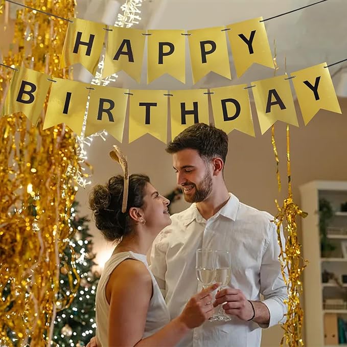 Gold Happy Birthday Banner,Pre-Strung Gold and Black Birthday Party Decorations,16ft Hanging Sign for Kids, Girls, Boys, Women – No DIY, Backdrop Supplies