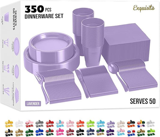 350 Pcs Lavender Plastic Plates For Party, Lavender Disposable Plates Set, 50 Of Each 9" Dinner Plate Set, 7" Dessert Plate, Cups, Napkins & Cutlery Plastic Dinnerware Set Exquisite