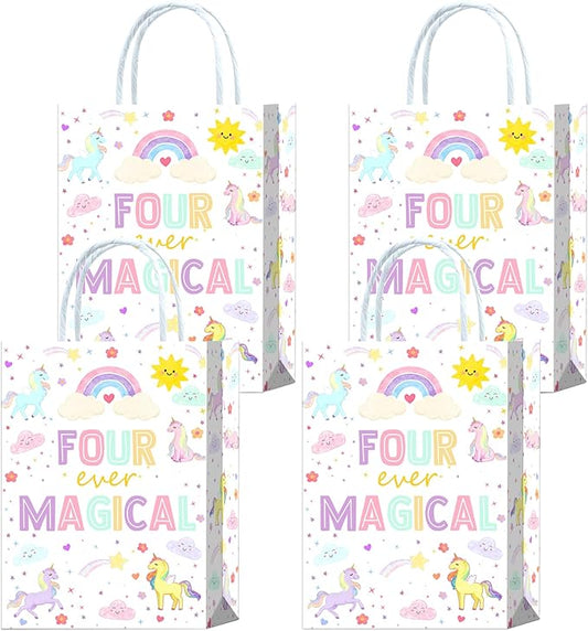 Brattol 16 Pieces Four Ever Magical 4th Birthday Gift Bags for Fourth Birthday Party Supplies,Pastel Rainbow Goody Snacks Treat Candy Party Favors Bags for Girls 4th Birthday Party Decorations