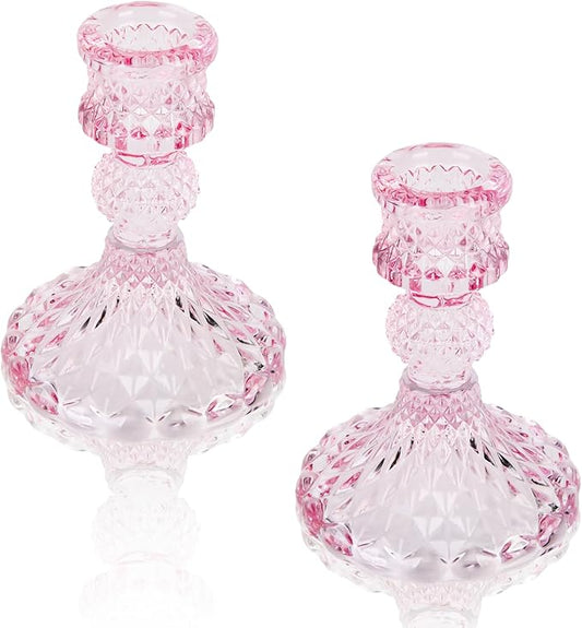 Glass Candle Holder, 2PCS Decorative Candle Sticks Pillar Candle Stand for Formal Events Wedding Party Table Centerpieces Home Decoration, Pink
