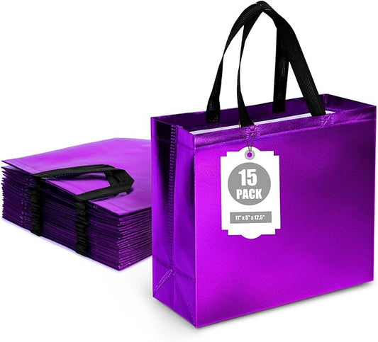 VGOODALL 15 Pack Purple Gift Bags with Handles, 12.6" x 5" x 11" Large Reusable Party Favor Bags Bulk for Birthday Wedding Party