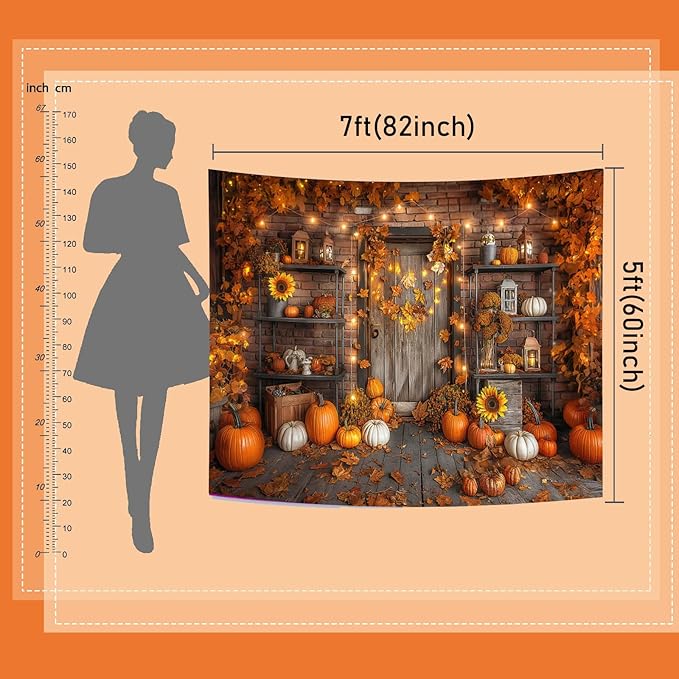 Mocsicka Fall Pumpkin Photography Backdrop Autumn Harvest Barn Background Party Decorations Maple Leaves Rustic Wooden Door Photo Booth Props (Orange, 10x7ft(120"x82"))