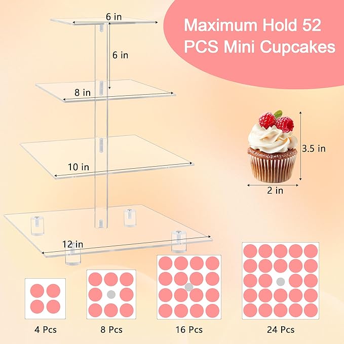 YestBuy 4 Tier Acrylic Cupcake Stand with 6“ Between Two Layers, Clear Cupcake Tower Stand for 50 Cupcakes, Cupcake Holder for Birthdays, Weddings, Baby Showers and Candy Bar
