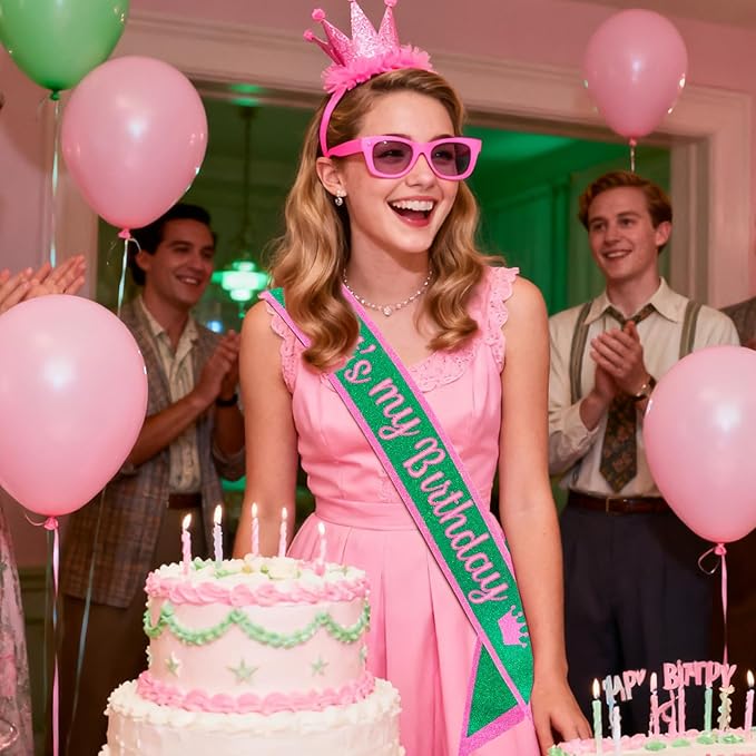 Pink Green Birthday Sash for Women, Hapdoo Witch Themed “It's my Birthday ” Sash with Glitter Foil for Girl, Happy Funny Decorations Accessories for Women Party Favors Supplies