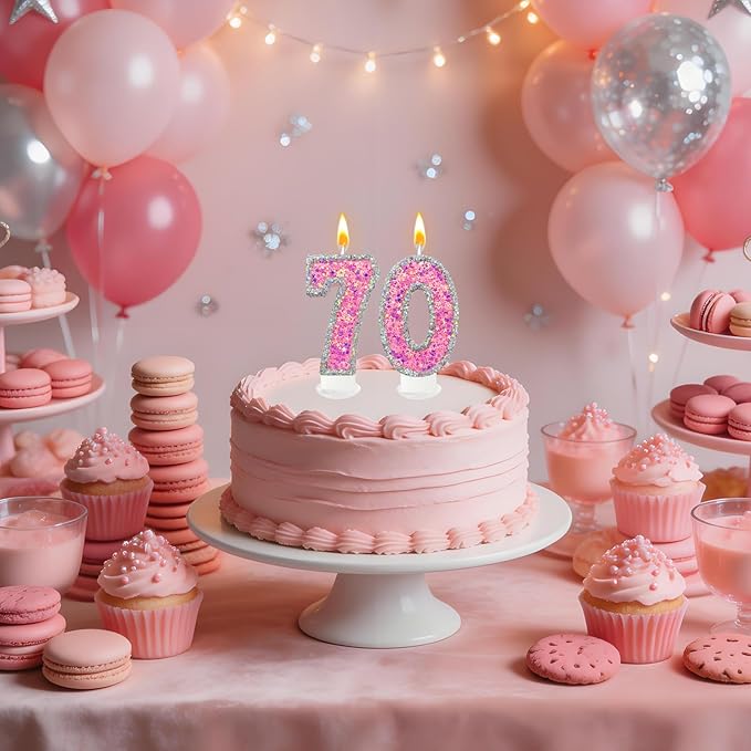 Number 7 Birthday Candle for Cake – Silver Glitter Edge with Pink Star Confetti – Decorative Number Cake Topper for Anniversary & Celebration Party Decor