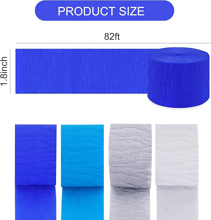 BEISHIDA 8 Rolls Blue Silver White Crepe Paper Streamers for Men Birthday Graduation Party Decorations Baby Shower DIY Craft Paper(1.8 Inch x 82 Ft/Roll)