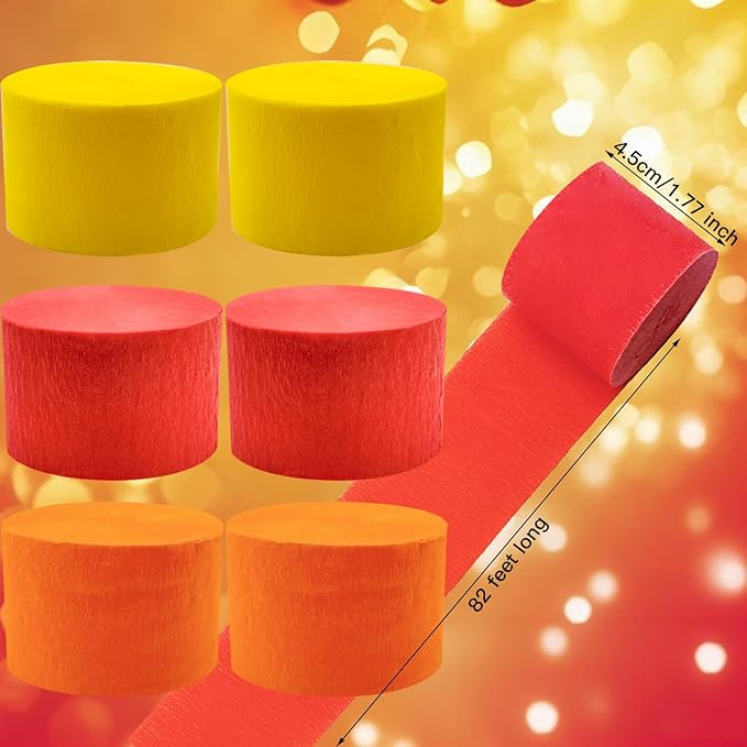 PheiLa Crepe Paper Streamers 6 Rolls 492ft, Crepe Paper Thanksgiving Birthday Decorations Red Orange Yellow Fall Party Supplies for DIY Gift Wrapping Holiday Party Decor, 1.77 Inch x 82 Ft/Roll