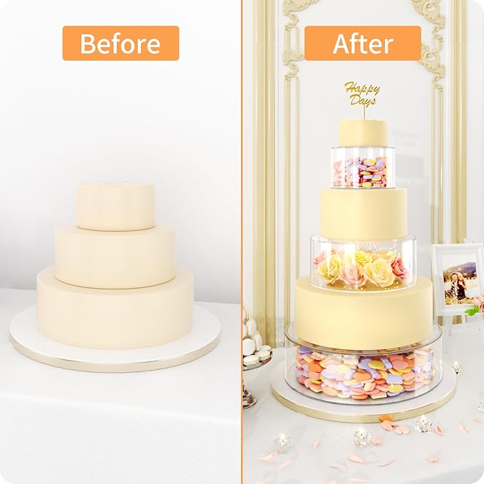 NPPLUS 3PCS Clear Acrylic Cake Stand, Fillable Cake Box Riser Cake Tier, Round Cake Display Box with Lid, Decorative Centerpiece Box for Wedding Birthday Party (12" Dx4 H,8" Dx4 H,4" Dx4 H
