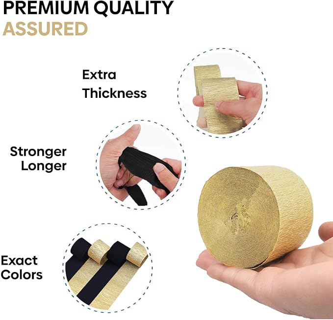 Captain Décor 4 Crepe Paper Streamers Rolls, 328ft Pack of 4 Gold and Black Streamers for Party Decorations, Birthday Streamers, Party Streamers for Wedding Decoration (1.8 inch x 82 ft/Roll)…