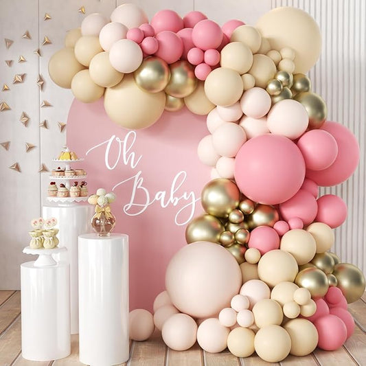 Mebay Dusty Blush Pink Nude Gold Balloon Arch Kit, 166Pcs Retro Pink Nude Metallic Gold and Macaron Light Pink Balloons for Bridal Baby Shower Girls Boho Birthday Wedding Decorations Supplies