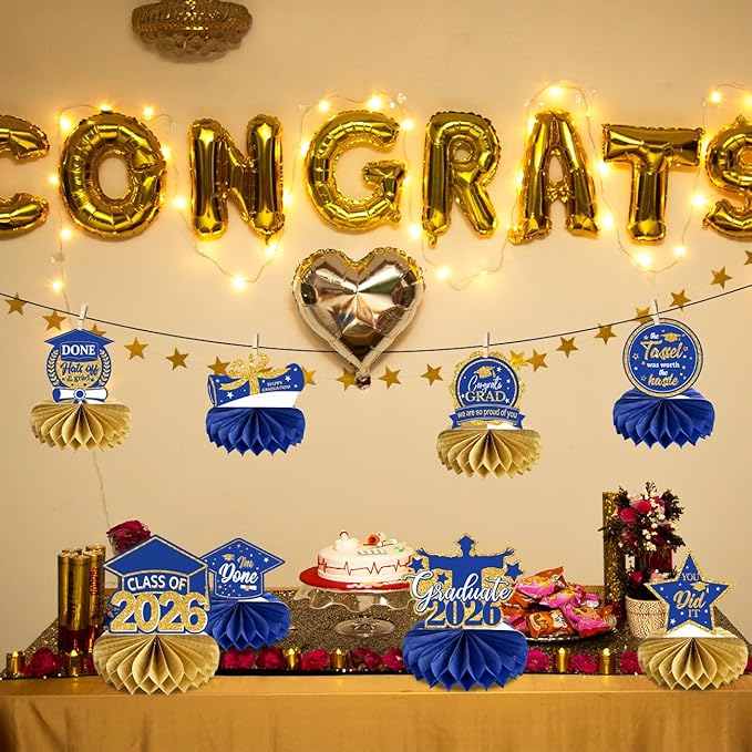 Graduation Decorations Class of 2026 Blue Congrats Grad Honeycomb Centerpieces Congratulate Graduation Table Toppers for Graduation Party Supplies (Blue Gold)