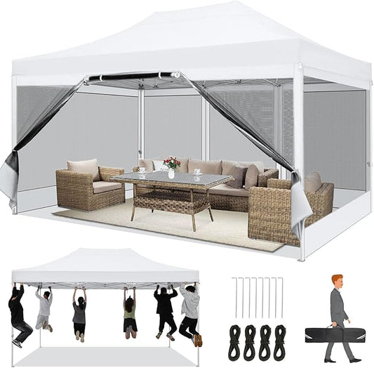 COBIZI 10x15 Heavy Duty Pop Up Canopy with 4 Sidewalls, Commercial Gazebo Party Tent with Mosquito Netting Wall Easy Set Up Outdoor Instant Screen Tent for Backyard, Patio, Garden, White