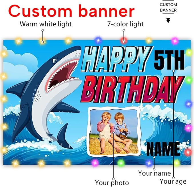 Dicodes Custom Shark Happy Birthday Party Decorations Supplies Personalized Shark Ocean Themed Birthday Backdrop Banner