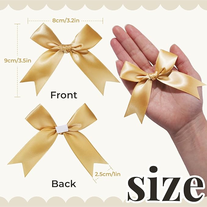 YGDZ Gold Bows, Satin Self Adhesive Gold Ribbon Bows for Crafts, Small Bow with Double-Sided Tape, Mini Bows for Gift Wrapping, Balloons, Wedding Decor, Party Favors