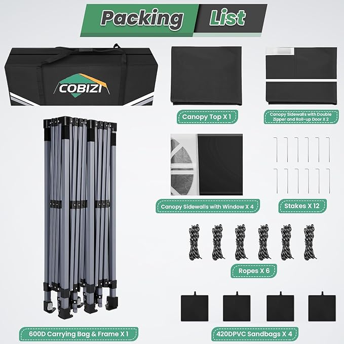 COBIZI 10x20 Pop Up Canopy Tent with 6 Removable Sidewalls, One Push Party Tent Outdoor Waterproof Event Canopy with Air Vent for Parties Commercial Wedding, 3 Height, Carry Bag, Sandbag, Black