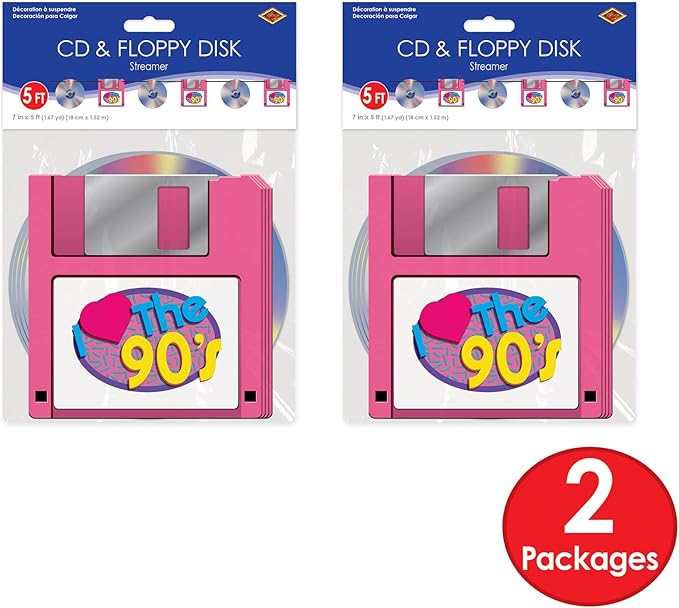Beistle CD & Floppy Disk Streamers – 2 Pack Hanging 90s Theme Garland Decorations with Black Ribbon, Retro Party Backdrop for Birthdays, Throwback Nights and Photo Booth Displays, 7" x 5'