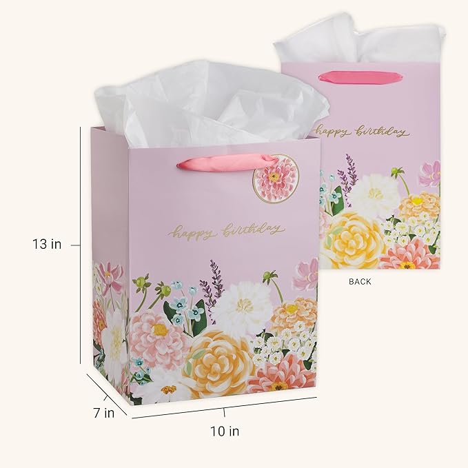 Christian Art Gifts Large Portrait Inspirational Gift Bag, Tag & Wrapping Tissue Paper Set for Women: Happy Birthday Golden Greeting Message, Easy Carry Satin Ribbon Handles, Pink Multicolor Floral