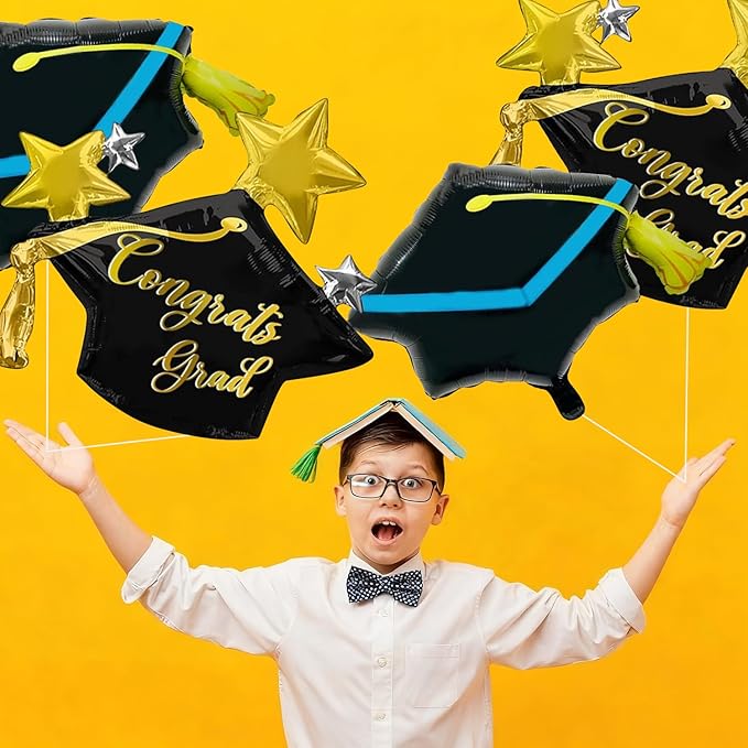 Pensar 6Pcs Graduation Cap Balloons Congrats Grad Hat Foil Balloons for Graduation Decorations, Class of 2026 Party Decor, College High School Grad Party Supplies