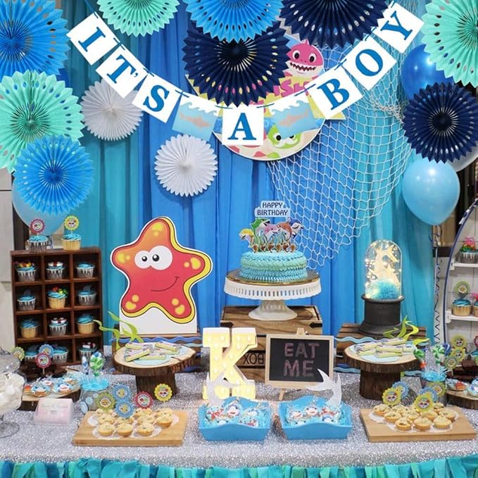BEISHIDA Blue White Hanging Honeycomb Round Paper Fans Decoration Kit for Baby Boy Shower 1st Birthday Navy Ocean Wedding Under The Sea Theme Photo Booth Backdrops Paper Party Supplies（11packs）