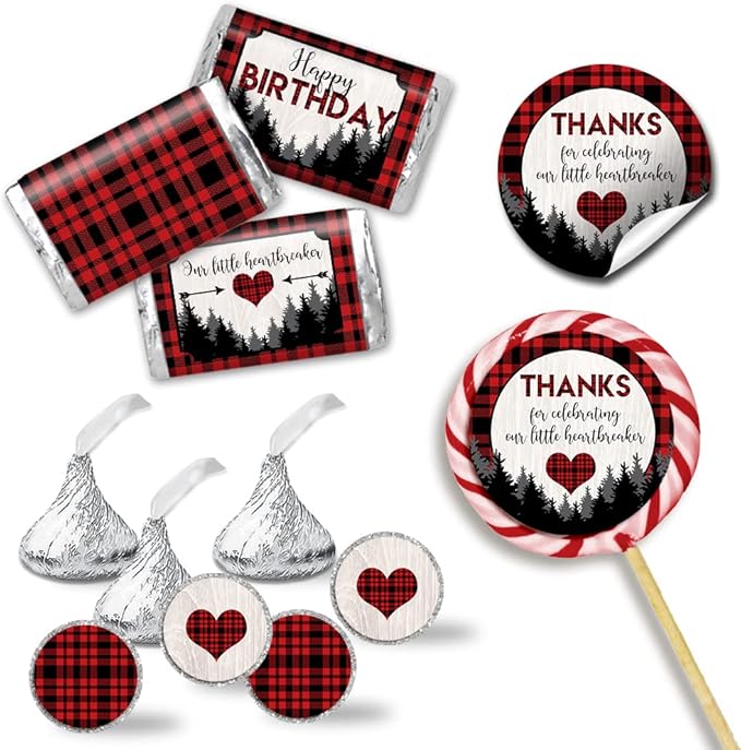 Amanda Creation Our Little Heartbreaker Red Black Buffalo Plaid Birthday Valentine Party Sticker Bundle 429 Pieces! Includes Circle Stickers, Mini Candy Bar Wrappers & Candy Kiss Stickers