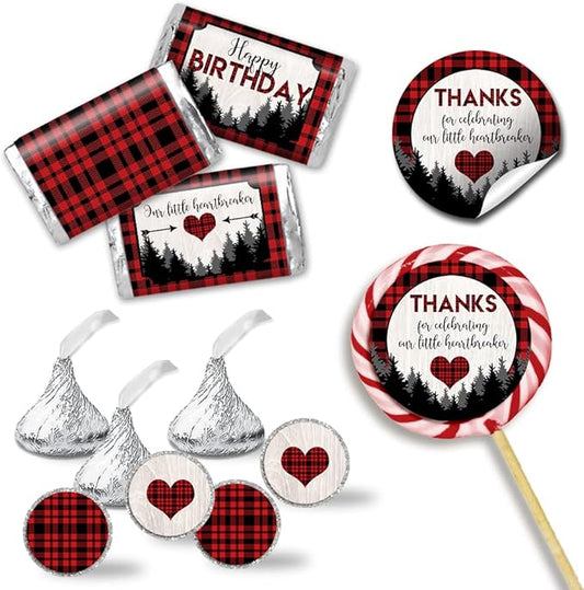 Amanda Creation Our Little Heartbreaker Red Black Buffalo Plaid Birthday Valentine Party Sticker Bundle 429 Pieces! Includes Circle Stickers, Mini Candy Bar Wrappers & Candy Kiss Stickers